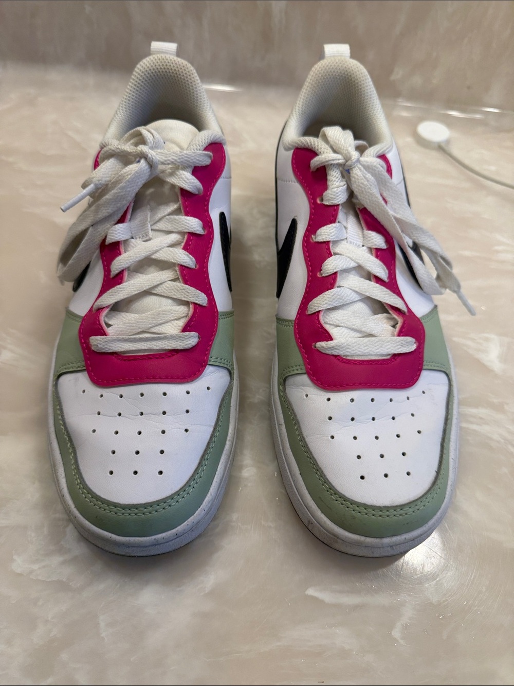 Kids White Nike Sneakers with Pink and Sage Accents